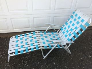 Chaise Lounge Webbed Aluminum Lawn Chair Vintage Green Tan 1950 