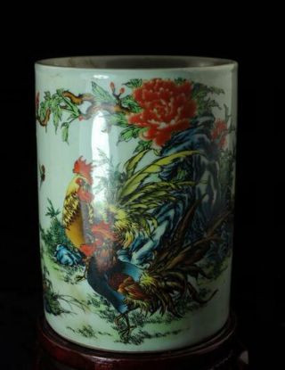 Chinese Old Pastel Porcelain Hand Painted Chicken Brush Pot /tongzhi Mark C01
