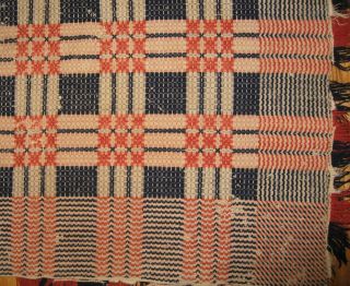 Antique Red,  White,  & Blue Overshot Coverlet With Nine Star Pattern