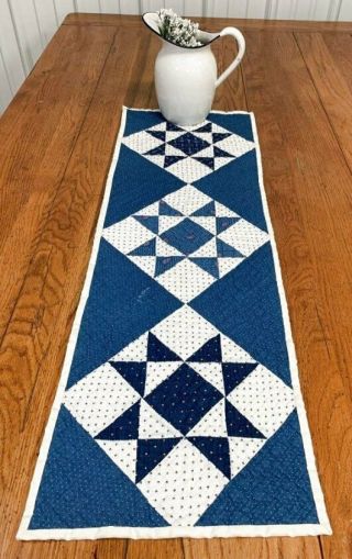 Indigo Blue C 1890 - 1900 Stars Antique Quilt Table Runner 35 1/2 X 11
