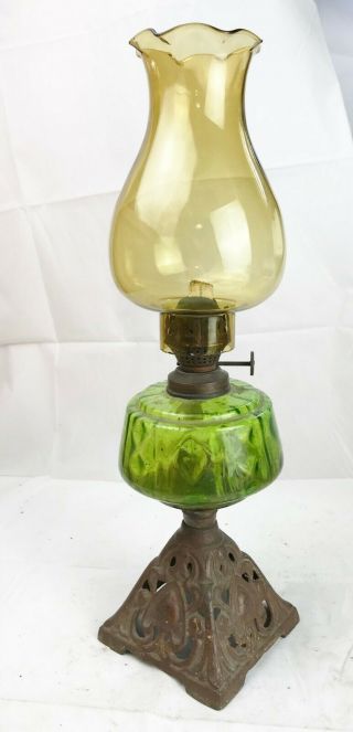 Antique Glass Early Cast Iron Base Oil Lamp