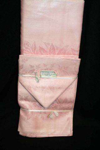 Nos Set Mcm Vintage Irish Pink Linen Tablecloth 66 " X 84 ",  8 Napkins