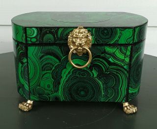 Wood Box Faux Malachite Paper Antique Empire Style Jewelry Trinket Lion Head Paw