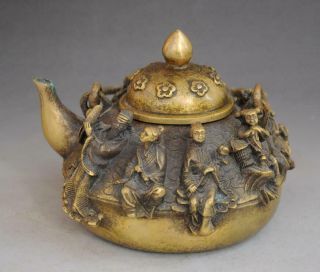 Chinese Old Fengshui Pure Copper Hand - Carved Eight Immortals Statue Teapot