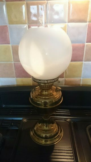 Vintage Brass Oil Lamp " Veritas " With Round White Glass Shade & Chimney