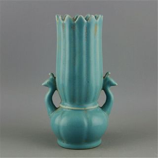 Chinese Old Hand Made Azure Glazed Porcelain Two Phoenix Statue Vase D01