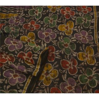 Sanskriti Vintage Black Saree 100 Pure Silk Batik Work Fabric Craft Sari 2
