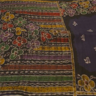 Sanskriti Vintage Black Saree 100 Pure Silk Batik Work Fabric Craft Sari 3