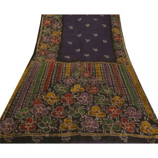 Sanskriti Vintage Black Saree 100 Pure Silk Batik Work Fabric Craft Sari 4
