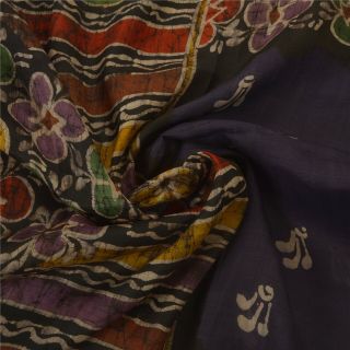 Sanskriti Vintage Black Saree 100 Pure Silk Batik Work Fabric Craft Sari 5