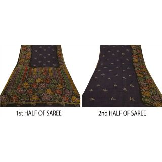 Sanskriti Vintage Black Saree 100 Pure Silk Batik Work Fabric Craft Sari 7