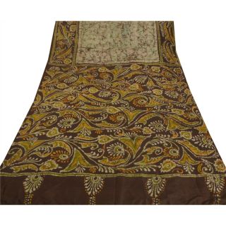 Sanskriti Vintage Brown Saree 100 Pure Silk Batik Work Craft Fabric Sari 3