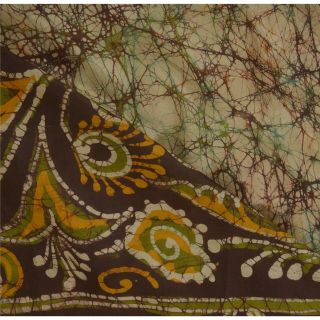 Sanskriti Vintage Brown Saree 100 Pure Silk Batik Work Craft Fabric Sari 5