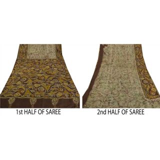 Sanskriti Vintage Brown Saree 100 Pure Silk Batik Work Craft Fabric Sari 6