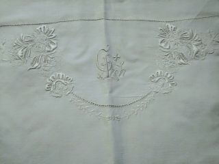 Gorgeous Antique French Finely Embroidered Linen Pillowcase Button Back 21x16 "