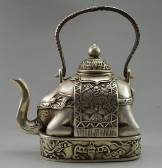 Chinese Old Copper Plating Silver Handwork Carve Flower Elephant Big Tea Pot D02