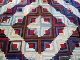 FOR RESTORATION Vintage Antique Cotton & Other Fabrics LOG CABIN Quilt TOP; Full 2