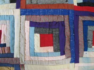 FOR RESTORATION Vintage Antique Cotton & Other Fabrics LOG CABIN Quilt TOP; Full 3