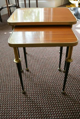Great Kitsch Mid - Century Nest Two Tables With Black & Gold Ornate Dansette Legs