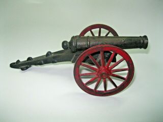 Antique Vintage Large 11 " Black Cast Iron Artillery Cannon With Red Wheels