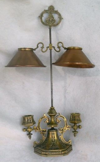 Antique Gilded Bronze Bouillotte Dbl Candle Lamp Copper Adjustable Shades French