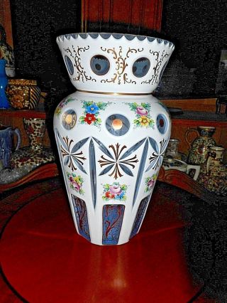 Large Antique Venetian Glass Vase,  Hand Painted White And Cut To Clear Embellis