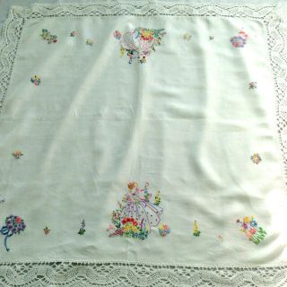 Vintage Hand Embroidered Colourful Pretty Crinoline lady tablecloth Lace edge 4