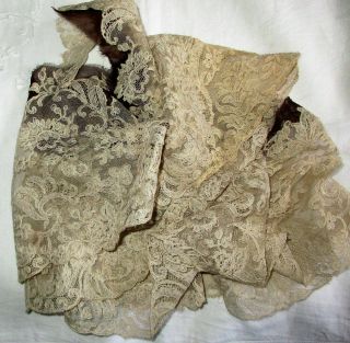 Antique Hand Pieced Alencon Floral Embroidered Net Lace Trim Victorian Gown 74 "