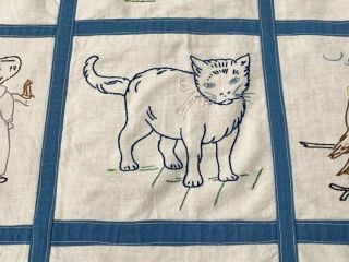 Pictorial Framed c 1930s Embroidery QUILT Top Vintage Cat Children Animals BLUE 2