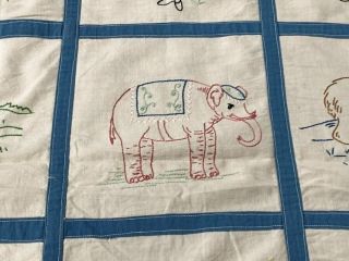 Pictorial Framed c 1930s Embroidery QUILT Top Vintage Cat Children Animals BLUE 5