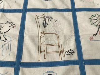 Pictorial Framed c 1930s Embroidery QUILT Top Vintage Cat Children Animals BLUE 6
