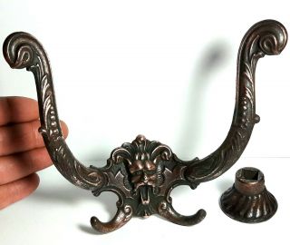 19th Century Victorian Lions Head Hall Tree Wall Hat Coat Hook Copper Plate Iron
