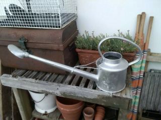 Rare Early Vintage Galvanised Long Reach Metal Watering Can Brass Rose Painted