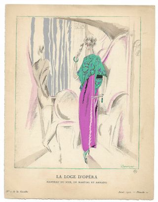 Gazette Du Bon Ton Art Deco Pochoir 1922 Pierre Mourgue Flapper at Opera Vintage 2
