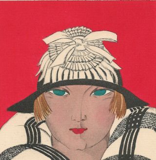 Gazette Du Bon Ton Art Deco Pochoir 1921 Rosy Cheeked Flapper In Hat Bobbed Hair