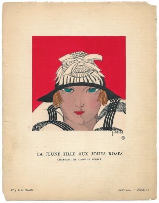Gazette Du Bon Ton Art Deco Pochoir 1921 Rosy Cheeked Flapper in Hat Bobbed Hair 2