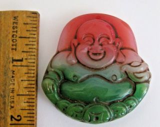 Vintage 1 7/8 " Carved Green/red Jade Stone Chinese Plaque Pendant Hotai Buddha
