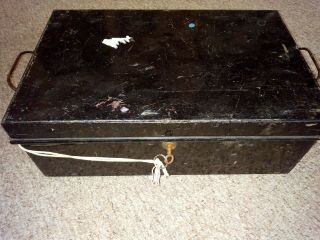 Vintage Black Metal Deed Box With Key