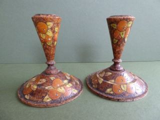 Orig Antique Pair Early 20thc Arts & Crafts Pokerwork Wooden Candlesticks