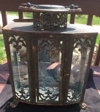 Antique Blue Glass Metal Hand Carry Porch Lantern Candle Holder Claw Foot Grape