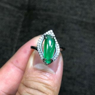 Rare Chinese S925 Silver & Green Jadeite Jade Handwork Rhombus No.  6.  5 - 12 Ring