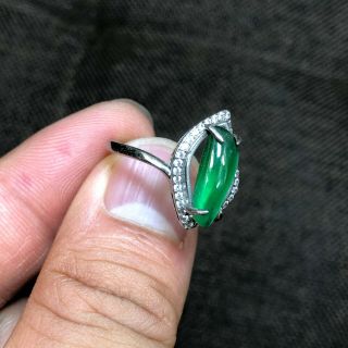 Rare Chinese S925 Silver & Green Jadeite Jade Handwork Rhombus No.  6.  5 - 12 Ring 2