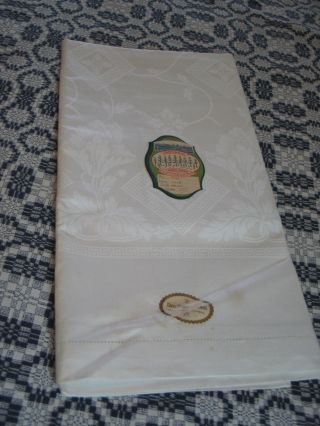 Antique Vtg Linen Damask Tablecloth & 6 Napkins Label - Acanthus