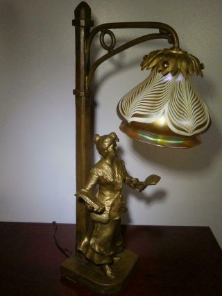 Henri Godet Bronze Lamp With Quezal Pulled Feather Shade - Circa 1890/1910