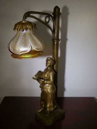 Henri Godet Bronze Lamp With Quezal Pulled Feather Shade - Circa 1890/1910 4