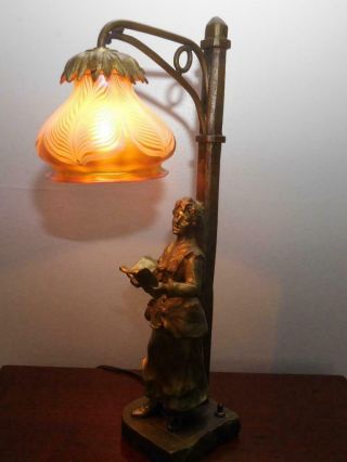 Henri Godet Bronze Lamp With Quezal Pulled Feather Shade - Circa 1890/1910 8