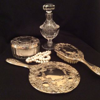 Vintage Art Nouveau Style Silver Plated Vanity Brush / Hand Mirror/ Bowl,