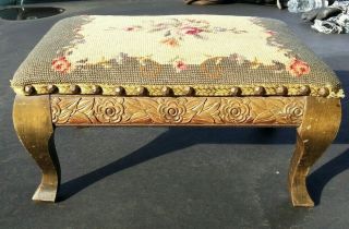 Antique Carved Wood Foot Stool - Roses Flowers Needlepoint Woven Fabric Tapestry