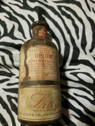 Antique Apothecary Opium Concentration Glass Bottle Brown Eli Lilly