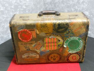 Vintage Wheary Luggage Suit Case With Travel Stickers 18 In L & 12 1/2 H